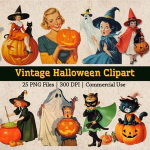Op de afbeelding: Een verzameling vintage Halloween clipart afbeeldingen met retro illustraties van heksen, geesten en kinderen met pompoenen. De afbeeldingen hebben een retro stijl en bevatten de tekst "Vintage Halloween Clipart".