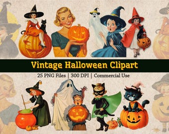 Lot de cliparts Halloween rétro, Halloween rétro PNG, des bonbons ou un sortilège des années 1950 1960, collage de journal fantasmagorique à imprimer avec des cadeaux