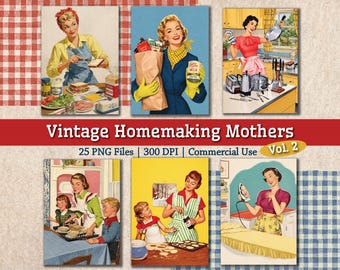 Bundle d'images de femmes au foyer mères vintage des années 1950, Vol 2, imprimable PNG des années 1950 rétro, clipart de ménage, collage de journal indésirable