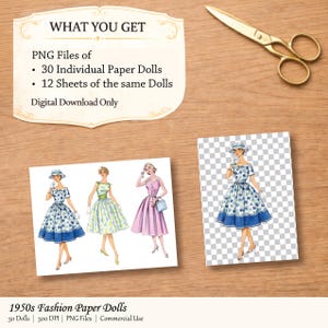 May include: Digital download of 1950s fashion paper dolls. The image shows three paper dolls in colorful dresses, with one isolated on a transparent background. The text reads "WHAT YOU GET" and "1950s Fashion Paper Dolls" in ZIP FILES