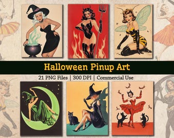 Vintage Halloween Pinup Image Bundle Retro 50s Women Illustrations Spooky Season Pinup Witch PNG Fussy Cut Mid Century Digital Download