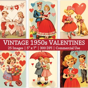 Vintage 1950s Valentine&#39;s Day Illustrations Images Retro Greeting Card Printable Instant Digital Download Kitsch Ephemera Valentines PNG