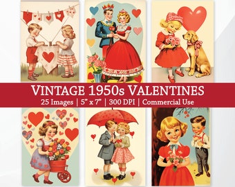 Vintage 1950er Jahre Valentinstag Illustrationen Bilder Retro Grußkarte Printable Sofortiger digitaler Download Kitsch Ephemera Valentines PNG