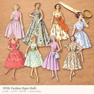 May include: A collection of vintage 1950s fashion paper dolls. The dolls are dressed in colorful dresses with various patterns and styles, including polka dots, floral prints, and solid colors. A pair of gold scissors is also present.