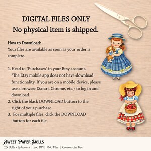 Puede incluir: Archivo de descarga digital con dos ilustraciones de mu&ntilde;ecas de papel vintage. Una mu&ntilde;eca viste un vestido azul y sostiene un cachorro, la otra lleva un sombrero amarillo y lleva una cesta de manzanas. El texto incluye "SOLO ARCHIVOS DIGITALES" e instrucciones de descarga.