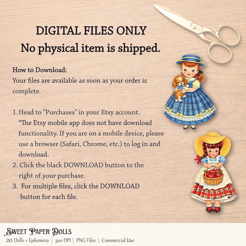 Puede incluir: Archivo de descarga digital con dos ilustraciones de mu&ntilde;ecas de papel vintage. Una mu&ntilde;eca viste un vestido azul y sostiene un cachorro, la otra lleva un sombrero amarillo y lleva una cesta de manzanas. El texto incluye "SOLO ARCHIVOS DIGITALES" e instrucciones de descarga.