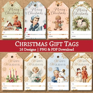 以下が含まれることがあります： ヴィンテージイラストが描かれた、印刷可能なクリスマスギフトタグ16枚セット。タグは、ジンジャーブレッドマン、雪だるま、クリスマスツリーなど、さまざまなテーマの華やかなデザインです。各タグには、「To」と「From」を書くスペースがあります。