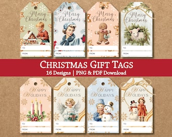 Étiquettes imprimables pour cadeaux de Noël, lot de 16 modèles, étiquettes cadeaux uniques hiver kitsch rétro vintage, téléchargement immédiat haute résolution