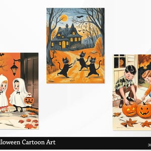 May include: Three vintage Halloween illustrations featuring children dressed as ghosts trick-or-treating, black cats in a spooky forest, and two children carving pumpkins.