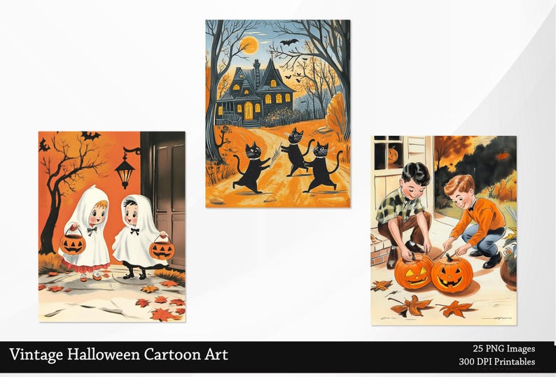 May include: Three vintage Halloween illustrations featuring children dressed as ghosts trick-or-treating, black cats in a spooky forest, and two children carving pumpkins.