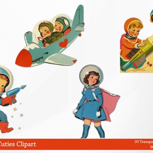 May include: Vintage-style clipart featuring space-themed illustrations. Includes images of children in astronaut suits, a rocket ship, and a retro airplane. The color palette includes blue, red, orange, and green. Text at the bottom reads "Space Age Cuties Clipart".
