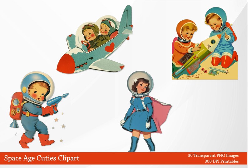 May include: Vintage-style clipart featuring space-themed illustrations. Includes images of children in astronaut suits, a rocket ship, and a retro airplane. The color palette includes blue, red, orange, and green. Text at the bottom reads "Space Age Cuties Clipart".