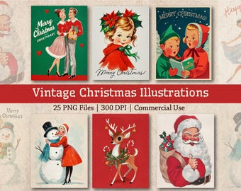 Illustrations de Noël vintage des années 1950, Images de Noël du milieu du siècle Clipart imprimable carte de voeux rétro Art, kitsch vacances hiver PNG