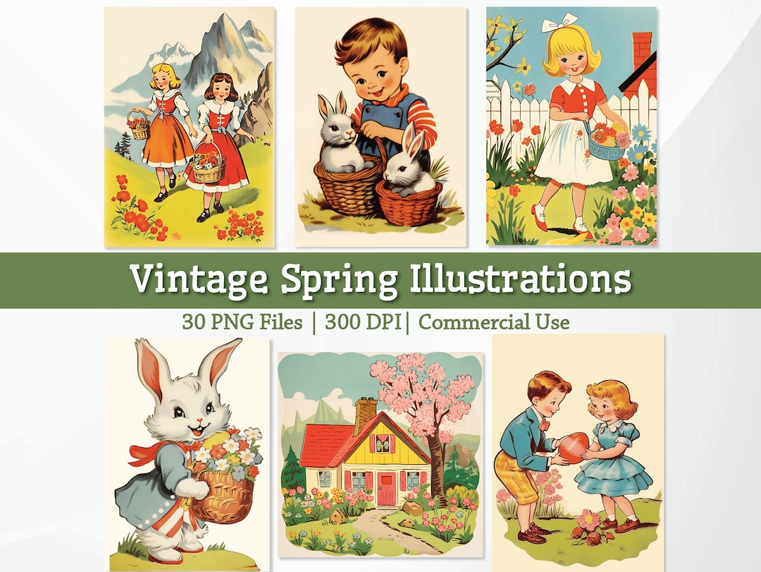 Retro Easter Spring 30 High-quality Vintage Easter Spring Illustrations Bundle, Easter ...