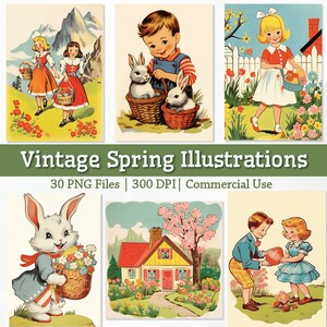 Pacchetto di 30 illustrazioni vintage di alta qualità di Pasqua e primavera, immagini di Pasqua retrò, primavera vintage PNG Clipart biglietto di auguri Ephemera Download