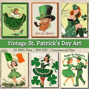 Pode incluir: Uma coleção de estampas de arte vintage do Dia de São Patrício. As imagens apresentam ilustrações de duendes, mulheres em vestidos verdes e trevos. O texto inclui "Happy St. Patrick's Day" e "Erin Go Bragh".