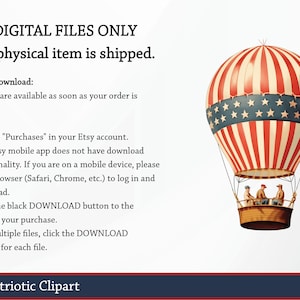 May include: Vintage patriotic clipart image featuring a red, white, and blue hot air balloon with a basket holding three figures. The balloon design includes stars and stripes. Text at the bottom reads "Vintage Patriotic Clipart".