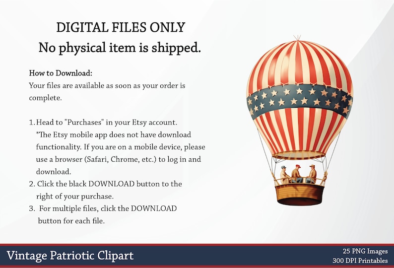 May include: Vintage patriotic clipart image featuring a red, white, and blue hot air balloon with a basket holding three figures. The balloon design includes stars and stripes. Text at the bottom reads "Vintage Patriotic Clipart".