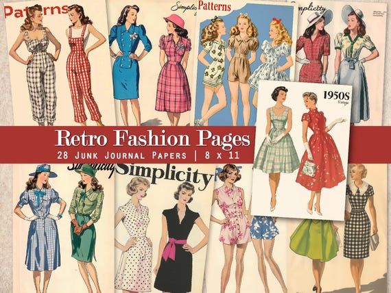 Vintage Fashion Pages Retro Fashion Illustrations Printable Junk Journal 1940s 1950s Fashion Scrapbook Supplies Ephemera Retro 50s Download
