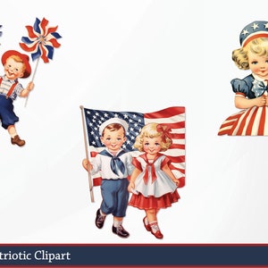 May include: Vintage patriotic clipart featuring illustrations of children with American flags and pinwheels. One illustration shows a boy holding two pinwheels. Another shows a boy and girl holding an American flag. A third shows a girl in a patriotic outfit.