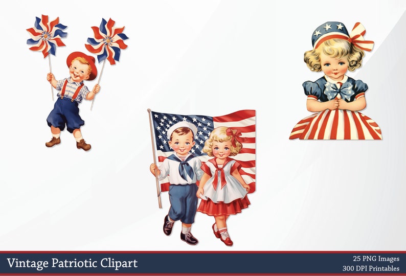 May include: Vintage patriotic clipart featuring illustrations of children with American flags and pinwheels. One illustration shows a boy holding two pinwheels. Another shows a boy and girl holding an American flag. A third shows a girl in a patriotic outfit.