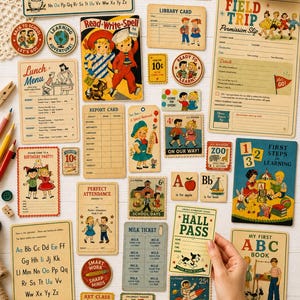 May include: A collection of vintage-style school-themed paper ephemera including alphabet charts, a field trip permission slip, a library card, a lunch menu, a report card, milk tickets, a hall pass, and various illustrated cards featuring children.