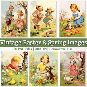 Pacchetto di 30 immagini di Pasqua vintage degli anni '50 di alta qualità, download di illustrazioni di Pasqua, cartolina d'auguri di Pasqua retrò PNG primaverile Ephemera