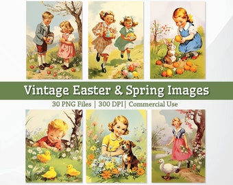 30 High-Quality Vintage 1950s Easter Images Bundle, Easter Illustrations Download, Spring PNG Retro Easter Clipart Greeting Card Ephemera