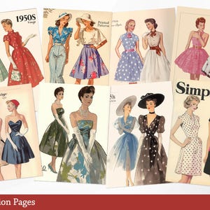 May include: A collection of vintage fashion illustrations featuring women wearing dresses, skirts, and blouses. The illustrations are in black and white and have a retro style. The illustrations are labeled with the years 1950s, Vintage, and Simplicity.