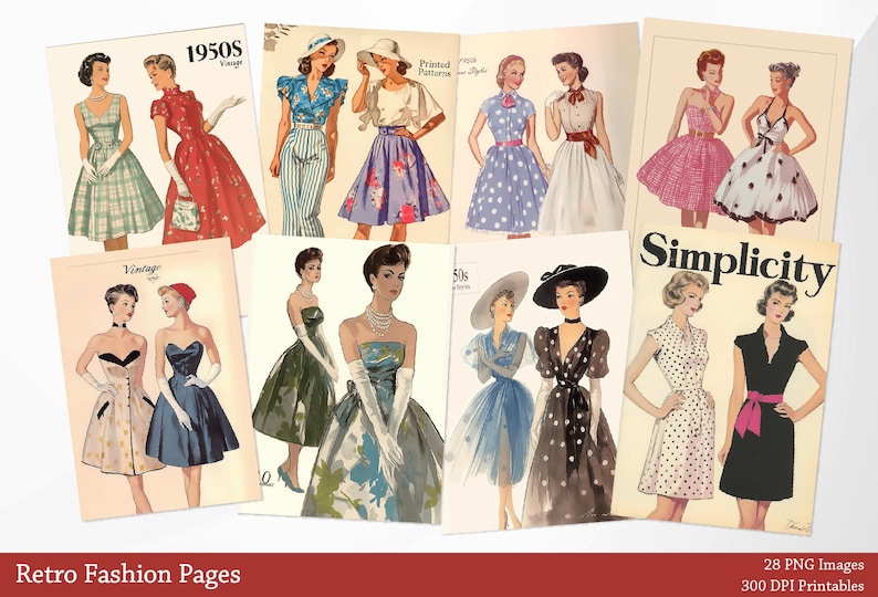 May include: A collection of vintage fashion illustrations featuring women wearing dresses, skirts, and blouses. The illustrations are in black and white and have a retro style. The illustrations are labeled with the years 1950s, Vintage, and Simplicity.