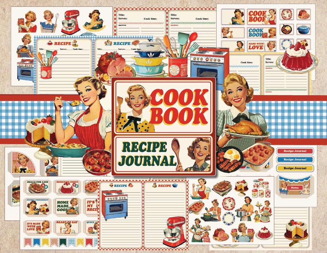 1950s Recipe Journal Kit, Retro Cookbook Pages, Vintage Grocery Kitchen ...