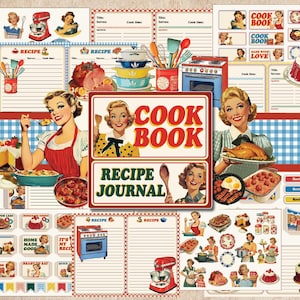 Retro print recept Junk Journal Kit, vintage kookboekpagina's, plakboek dagboekbenodigdheden kortstondige, keuken kieskeurig gesneden, receptenkaart downloaden