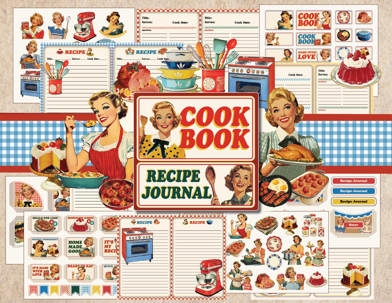 Retro Print Recipe Junk Journal Kit, Vintage Cookbook Pages, Scrapbook Journal Supplies Ephemera, Kitchen Fussy Cut, Recipe Card Download