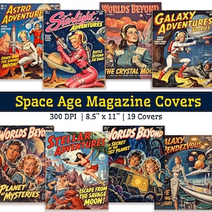 Può includere: Una collezione di 19 copertine di riviste vintage a tema spaziale con illustrazioni retro di fantascienza di astronauti, razzi e paesaggi alieni con titoli come Astro Adventures e Worlds Beyond in 21,6 per 27,9 cm.
