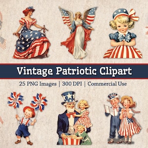 Lot de cliparts patriotiques vintage, 4 juillet, fête de l'indépendance des États-Unis d'Amérique, Images de la fête du drapeau rétro, graphiques imprimables Americana Junk Journal