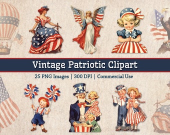 Paquete de imágenes patrióticas vintage del 4 de julio, Día de la Independencia de EE. UU., imágenes del Día de la Bandera Retro, gráficos imprimibles de revistas basura americanas.