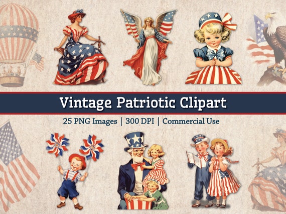 Vintage Patriotic Clipart Bundle 4th Of July Independence Day USA America, Retro Flag Day Images, Printable Americana Junk Journal Graphics