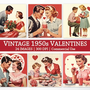 Vintage 1950er Jahre Valentinstag Bilder, hochwertige Illustrationen, Retro Grußkarte zum Ausdrucken, Clipart Bundle Kitsch Ephemera Valentines