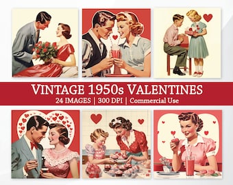 Vintage 1950s Valentine's Day Images, High-Quality Illustrations, Retro Greeting Card Printable, Clipart Bundle Kitsch Ephemera Valentines