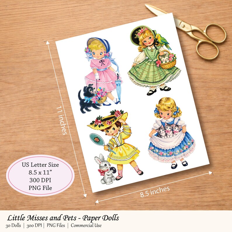 Spring Paper Dolls Little Miss Spring Paper Dolls With Pets, Vintage 1950s Retro Clipart ...
