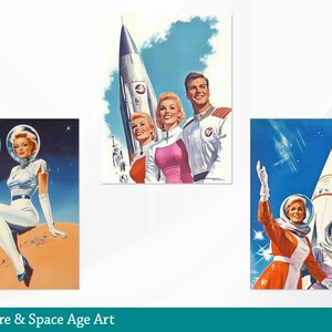 May include: A set of four vintage illustrations featuring retro futuristic space travel themes. The illustrations depict women and men in space suits, rockets, and planets. The illustrations are in a mid-century modern style.