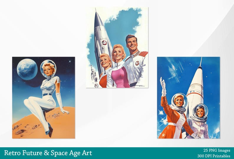 May include: A set of four vintage illustrations featuring retro futuristic space travel themes. The illustrations depict women and men in space suits, rockets, and planets. The illustrations are in a mid-century modern style.