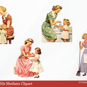 May include: A set of four vintage illustrations depicting mothers and their children in various domestic scenes. The illustrations are in a retro style, with the women wearing dresses and the children wearing simple clothing. The scenes include a mother sewing, a mother washing her child's hands, a mother helping her child with a task, and a mother cleaning the house.
