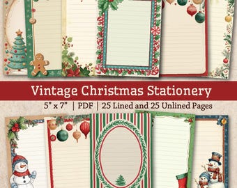 Vintage Christmas Stationery, Lined and Unlined, Retro Xmas Journal Pages, Printable Kitsch Holiday Winter Pages 5 x 7 with FREEBIE