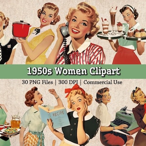 Zestaw obrazów kobiet z lat 50. XX wieku, do wydrukowania retro gospodynie domowe z lat 50. PNG, gospodarstwo domowe Clipart, dziennik śmieci Kolaż