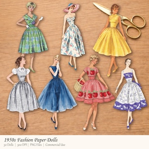 May include: A collection of vintage paper dolls featuring women in 1950s fashion. The dolls are dressed in colorful dresses with various patterns, including plaid, floral, and polka dots. A pair of gold scissors is also included.