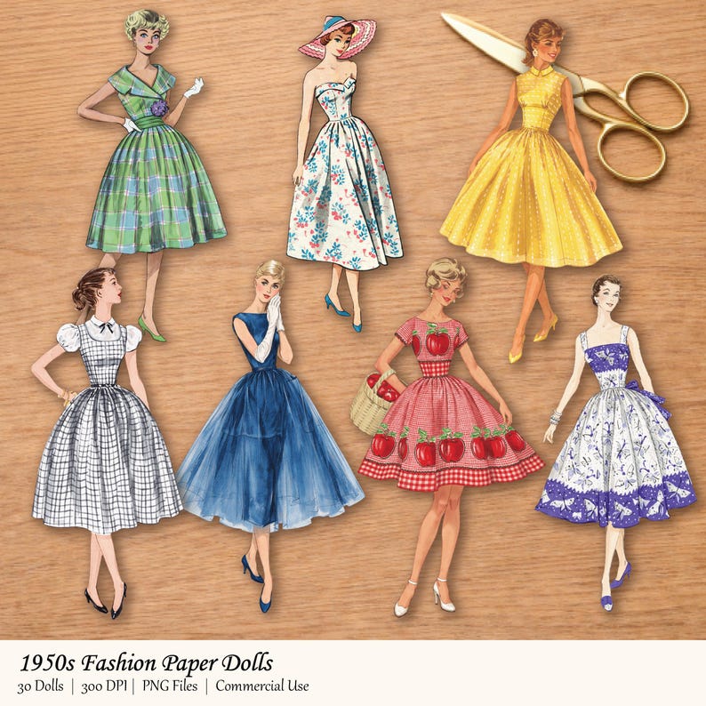 May include: A collection of vintage paper dolls featuring women in 1950s fashion. The dolls are dressed in colorful dresses with various patterns, including plaid, floral, and polka dots. A pair of gold scissors is also included.