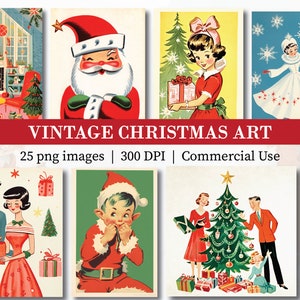 Ilustraciones navideñas vintage de la década de 1950, imágenes navideñas de mediados de siglo imprimibles imágenes prediseñadas arte de tarjetas de felicitación retro, vacaciones kitsch invierno PNG