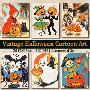 Paquete de imágenes de dibujos animados de Halloween vintage, impresiones de arte retro de Halloween PNG, imágenes prediseñadas de truco o trato, tarjeta de felicitación vintage linda de Halloween