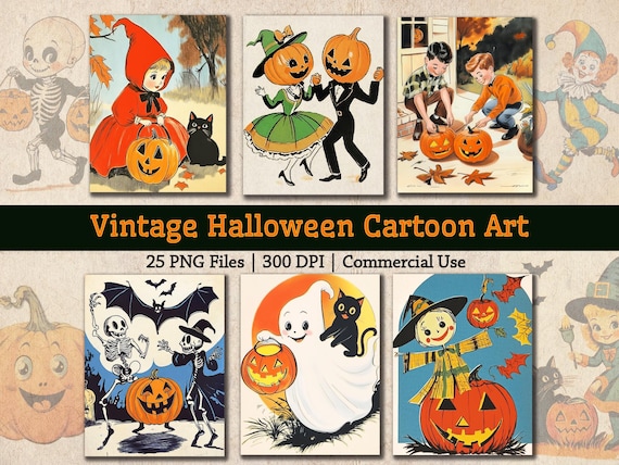 Vintage Halloween Cartoon Art Image Bundle, Retro Halloween Art Prints PNG, Trick or Treat Clipart Vintage Cute Halloween Greeting Card